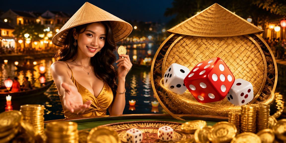 Trò chơi tài xỉu xúc xắc phong cách Hội An với nón lá truyền thống Việt Nam tại xsmnt